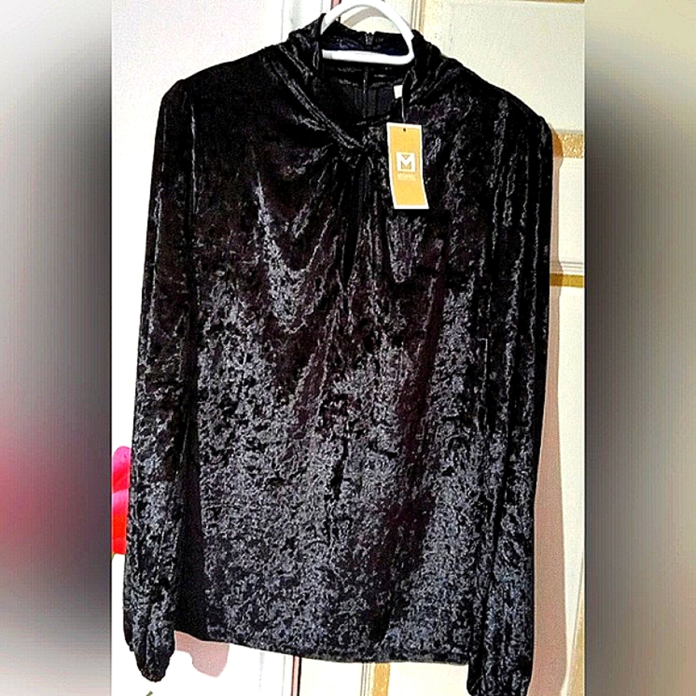 MICHAEL KORS🎀Black VelvetTwist Neckline Blouse with Puff Long Sleeve Sz: L - Picture 7 of 12